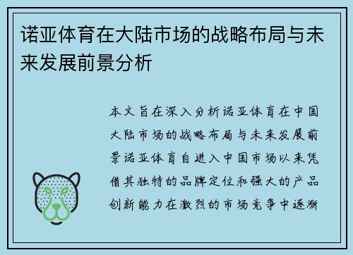 诺亚体育在大陆市场的战略布局与未来发展前景分析